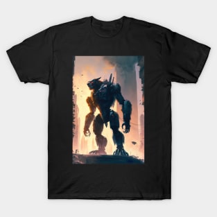 Giant futuristic robot cyborg monster attacking the city T-Shirt